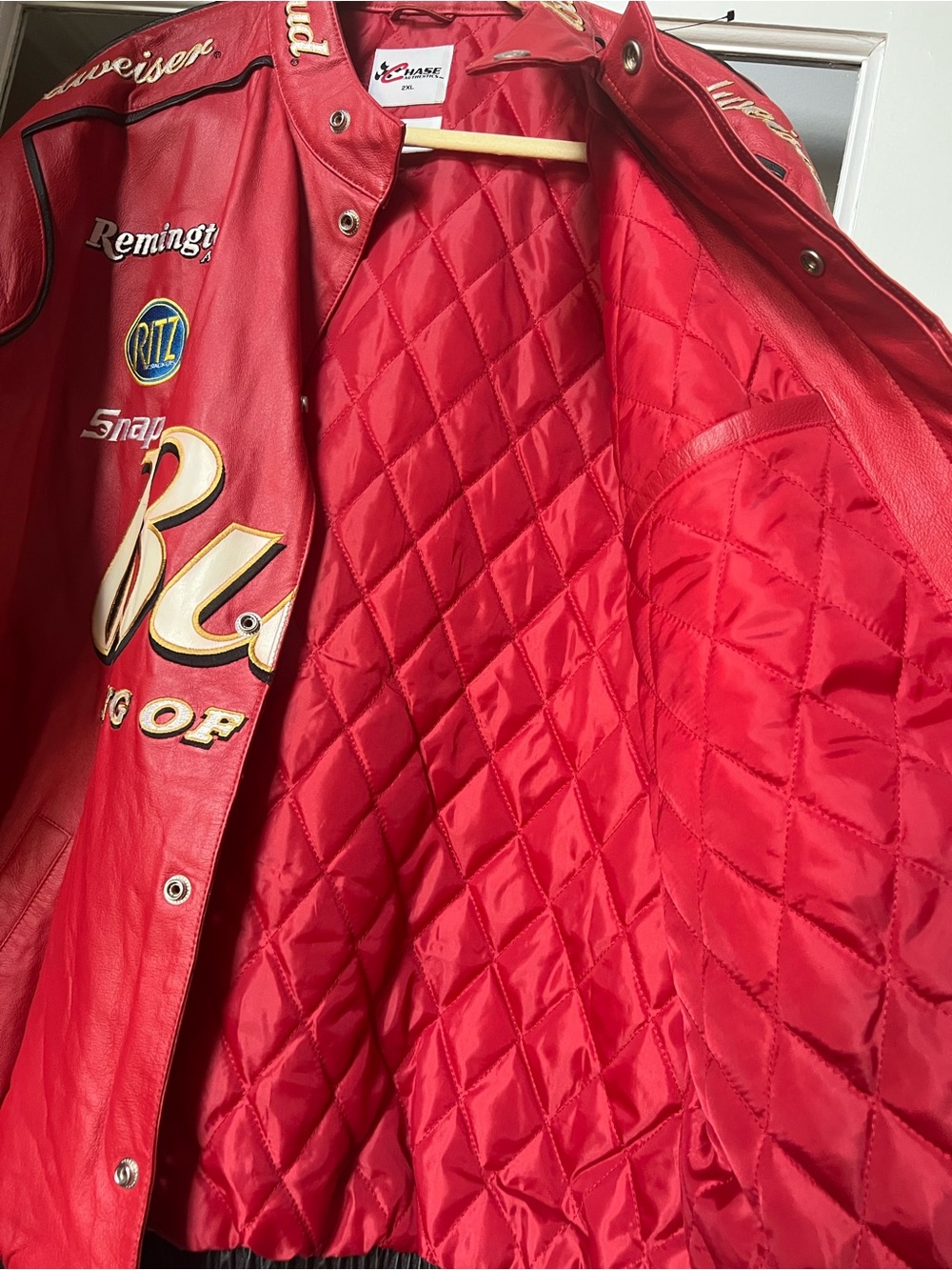 Budweiser Red Racing-Style Leather Bomber Jacket with Gold Logo - Picture 2 of 4